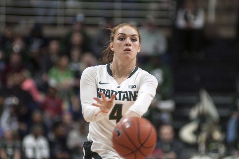 Freshman guard Taryn McCutcheon (4) passes the ball during the game against Notre Dame on Dec. 20, 2016 at Breslin Center. The Fighting Irish defeated the Spartans, 79-61. 