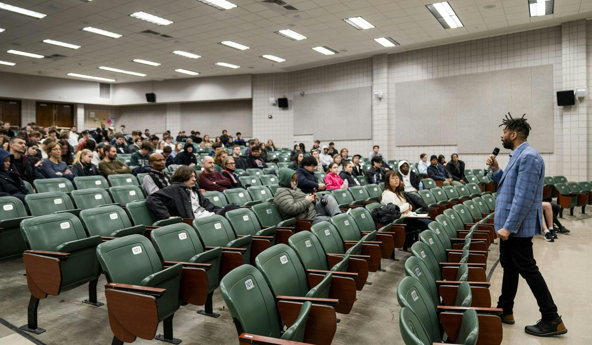 <p>Fred Kudjo Kuwornu answers questions after the screening of his film “We Were Here: The Untold History of Black Africans in Renaissance Europe” in Wells Hall on Feb. 12, 2025. Kuwornu is an award winning filmmaker, his most recent film “We Were Here” was exhibited at the 60th Venice Biennale, and now Kuwornu is hosting screenings across the United States.</p>