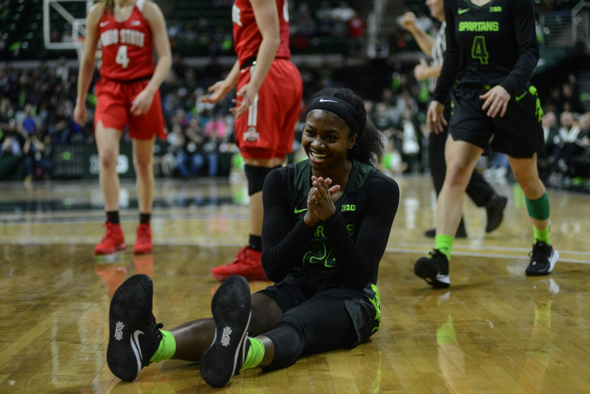 <p>Nia Clouden (24) laughs after getting fouled during the game against Ohio State Jan. 16, 2019 at Breslin Center.</p>