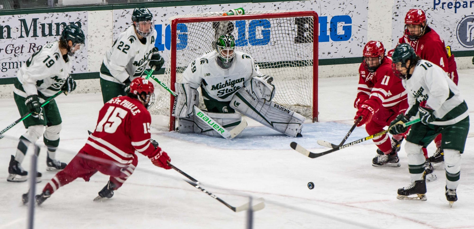 <p>Freshman goaltender Pierce Charleson (29) replaced DeRidder in the Michigan State goal early on in the game. The Badgers shut out the Spartans 4-0 at Munn Ice Arena on Mar. 5, 2021.</p>