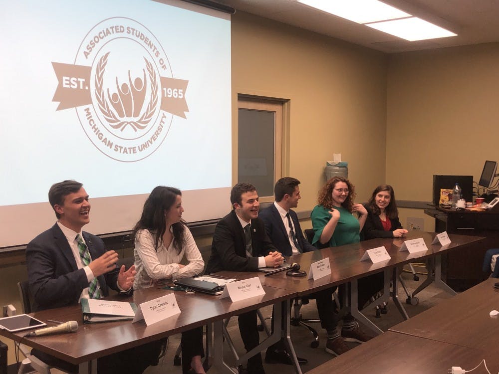 (Left to right) Vice President for Student Allocations-elect Dylan Catalano, Vice President for Governmental Affairs-elect Maysa Sitar, President-elect Mario Kakos, Vice President for Financial Operations-elect Tayte Rider, Vice President for Academic Affairs-elect Brianna Aiello and Vice President for Internal Administration-elect Nora Teagan.