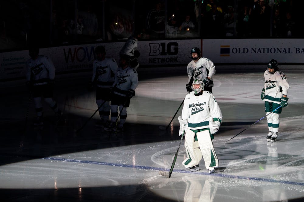 <p>Freshman goalie Trey Augustine (1) being announced for the starting lineup before a game against University of Michigan at Munn Ice Arena on March 23. 2024.</p>