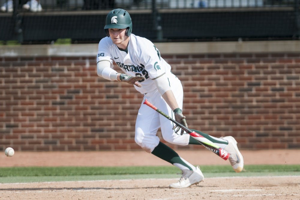 <p>Redshirt-sophomore outfielder Alex Troop (32) looks to hit the ball during the game against Toledo on April 26, 2017 at McLane Baseball Stadium at Kobs field. The Spartans defeated the Titans, 11-1.&nbsp;</p>
