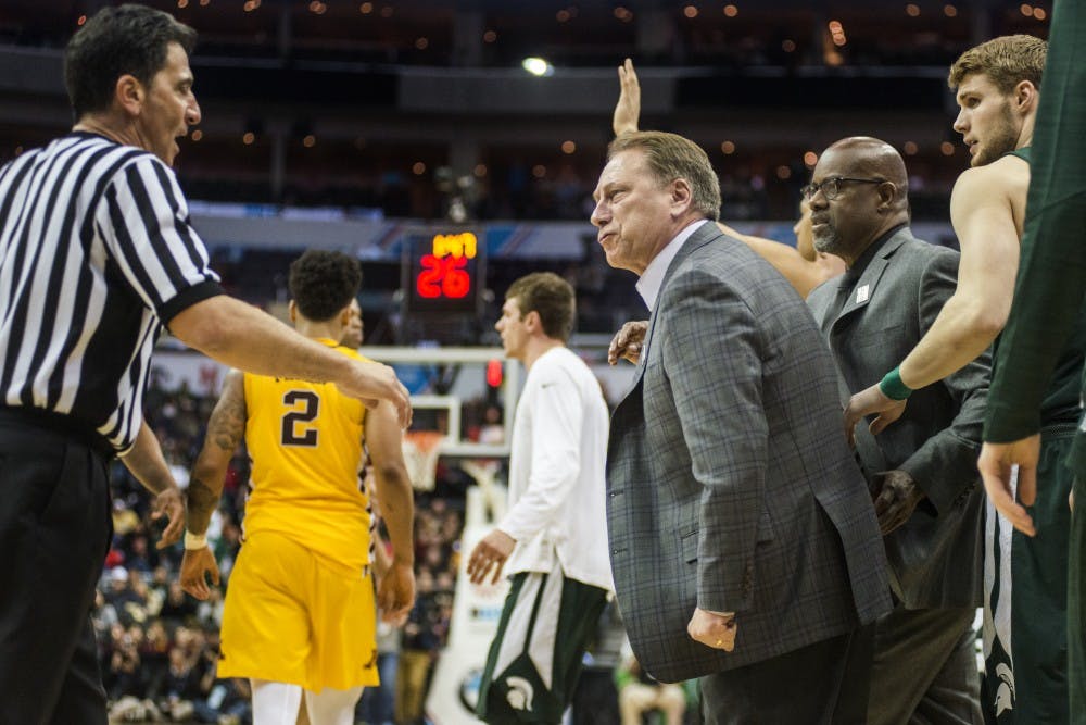 Head coach Tom Izzo argues with the referee during the second half of the game against Minnesota in the third round of the Big Ten Tournament on March 10, 2017 at Verizon Center in Washington D.C. The Spartans were defeated by the Golden Gophers, 63-58.