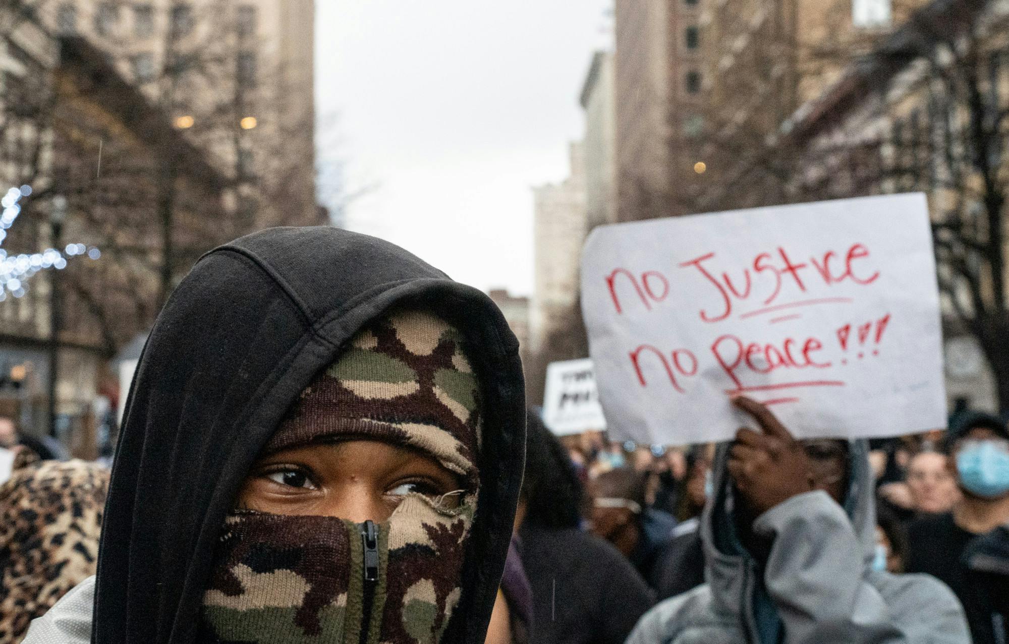 <p>Protesters gathered outside the Grand Rapids Police Department on April 13, 2022. Following the release of video footage of the fatal shooting of Patrick Lyoya, 26, by a police officer during a traffic stop on April 4, protesters took to the streets to show support for Lyoya and his family and continue the fight for racial justice and equity.</p><p></p>