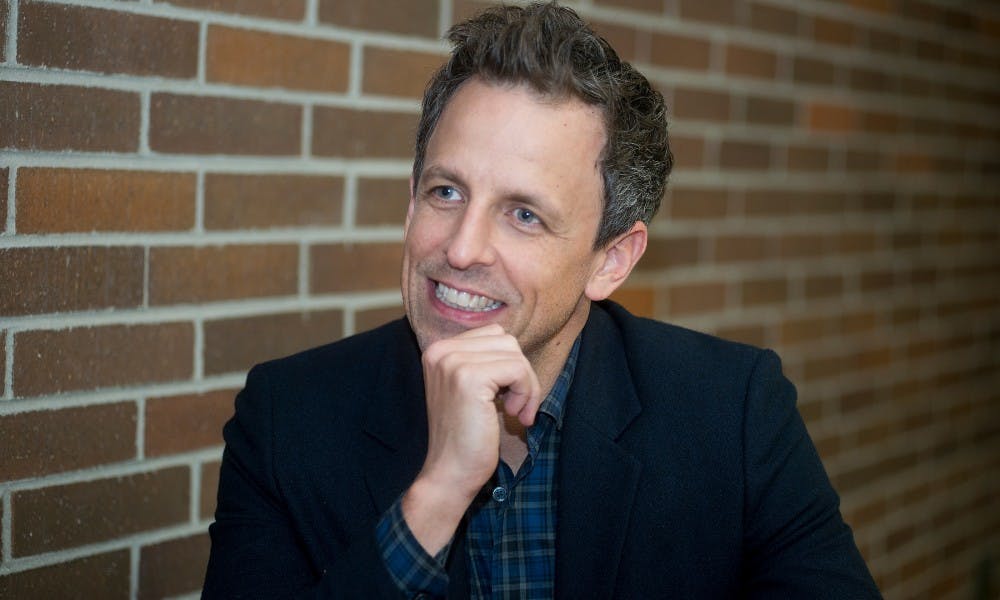 <p>Comedian and television host Seth Meyers responds to a question during an interview prior to his presentation on Nov. 6, 2015, at the Business College Complex. Meyers met with students and described his career within the entertainment industry while answering questions posed by students. </p>
