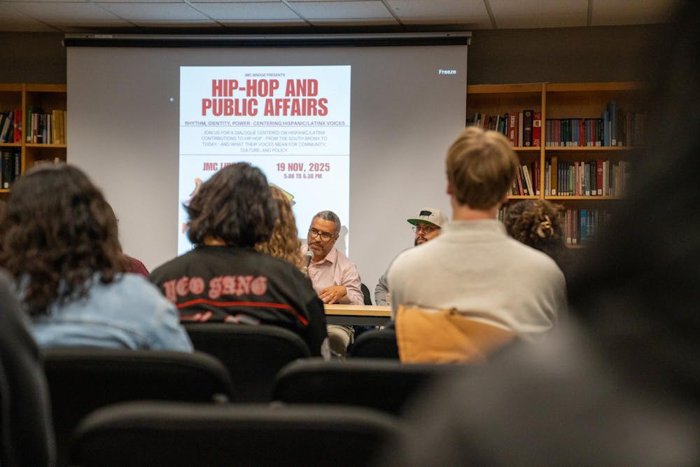 Panelists speak during the Hip Hop and Public Affairs series highlighting Hispanic and Latinx voices in Case Hall, Wednesday, Nov. 19, 2025, in East Lansing, Mich.