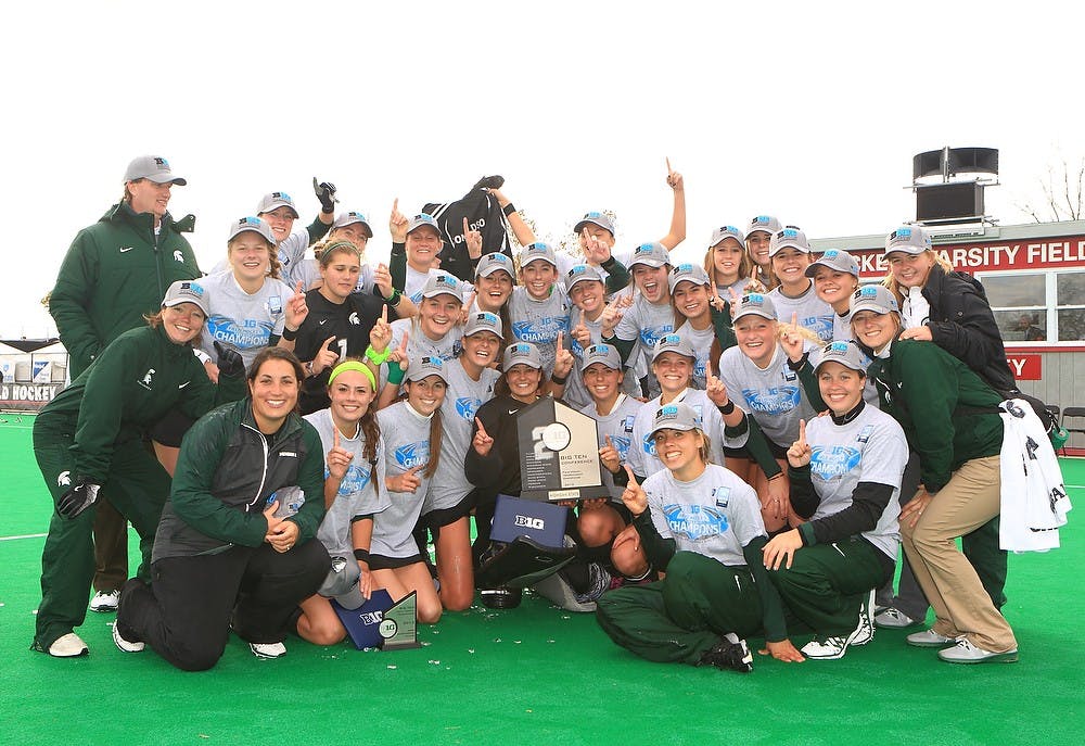 	<p>The field hockey team defeated Iowa 3-2 taking the 2013 Big Ten Field Hockey Tournament Championship Nov. 10, 2013, in Columbus, Ohio. Photo courtesy of Walt Middleton</p>