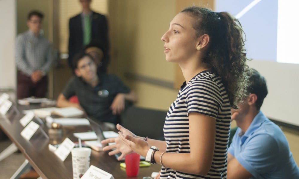 Vice President for Internal Administration Katherine Rifiotis addresses the general assembly during an ASMSU meeting on Aug. 27, 2017 at Student Services. Rifiotis is a junior studying Political Theory and Constitutional Democracy with a minor in Political Economy and Latin American Studies.