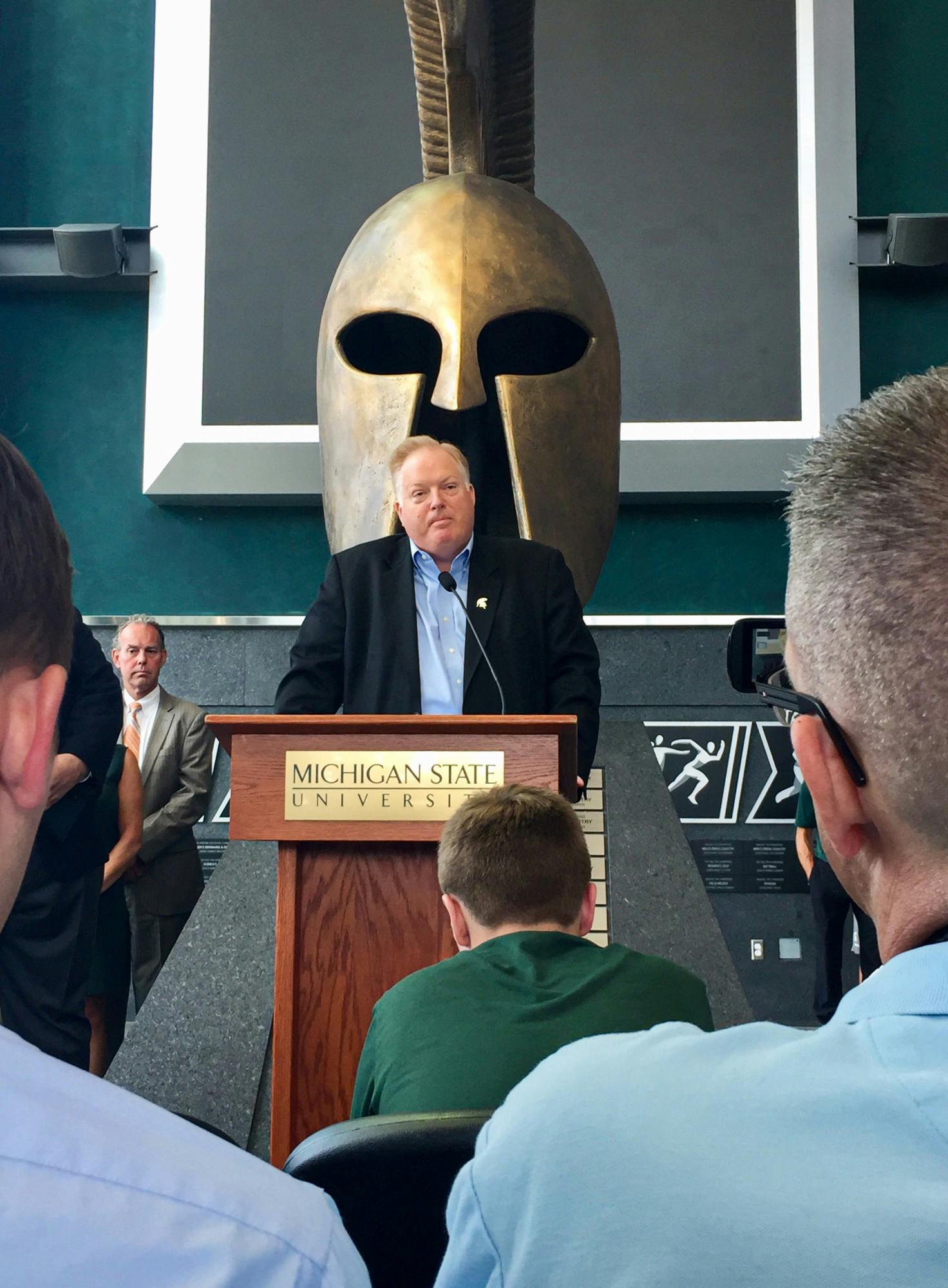 Bill Beekman speaks at a July 16, 2018, press conference announcing his appointment as MSU's permanent athletic director.
