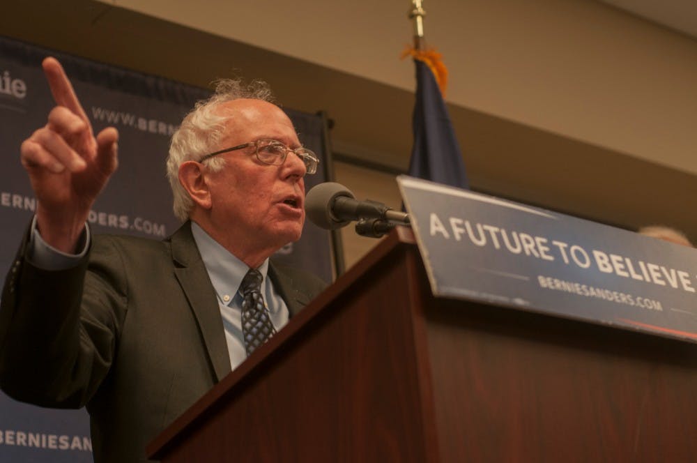 Sen. Bernie Sanders (I-Vt.) speaks during a press conference before the Democratic debate on March 6, 2016 at The Whiting Auditorium in Flint, Mich.