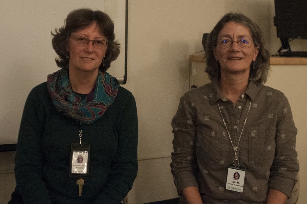 From left, Dr. Debra Duxbury and Jan Hettich, LPN, pose for a portrait on Oct. 26, 2016 at Olin Health Center.  The two are teachers of KORU Mindfulness sessions at Olin.  The course teaches mindfulness, meditation, and stress management to college students and young adults.  