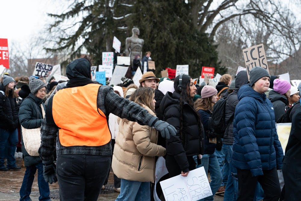 <p>Students gather to protest ICE at Michigan State's Spartan Statue in East Lansing, Michigan on Thursday, Jan. 29, 2026.</p>