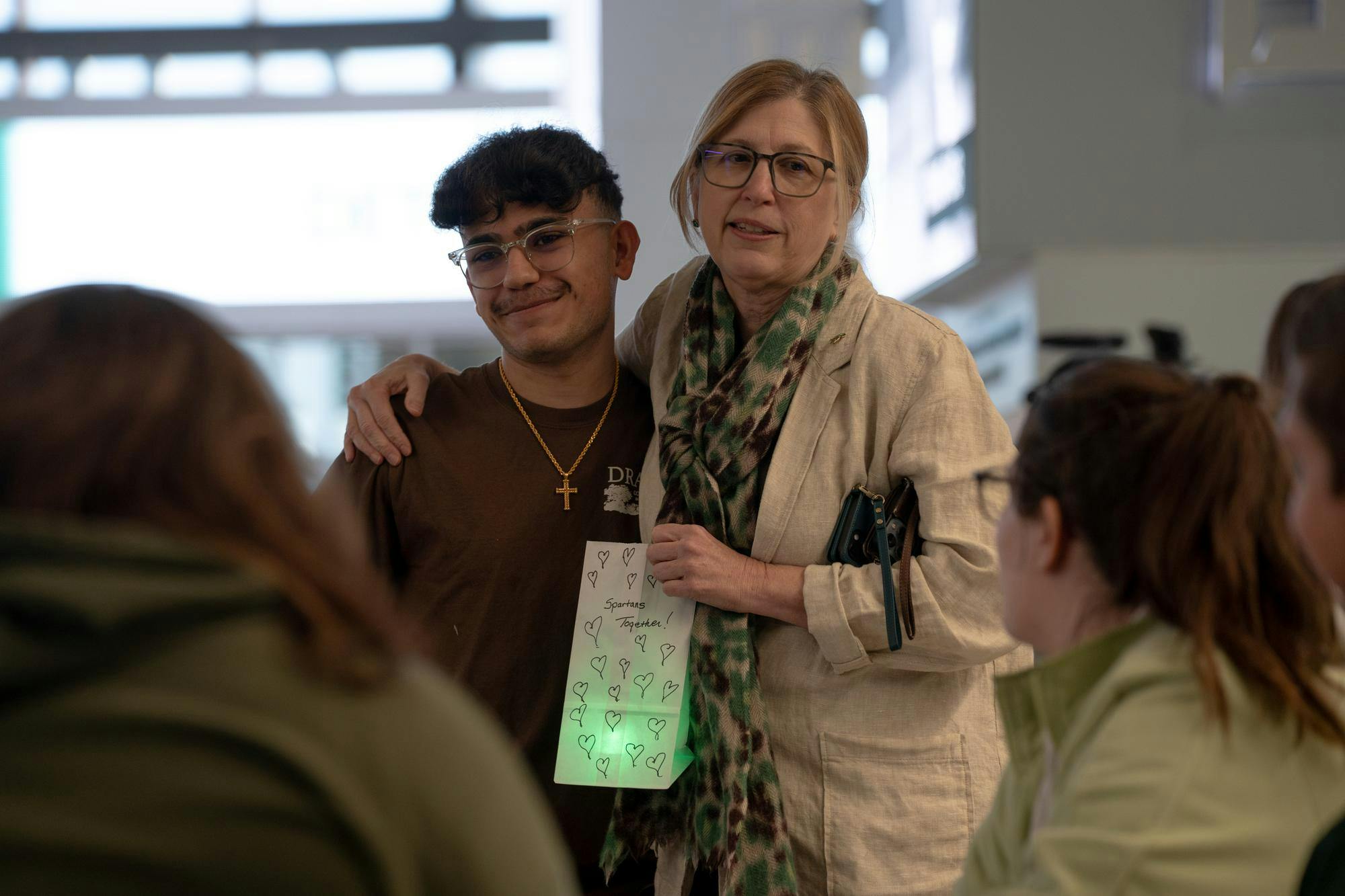 Michigan State University Interim President Teresa Woodruff shows her support to MSU students at Breslin Student Events Center in East Lansing, Feb. 12, 2024. MSU provided luminary displays to students in preparation for a luminary lighting taking place on the one-year anniversary of the Feb. 13th campus shooting.