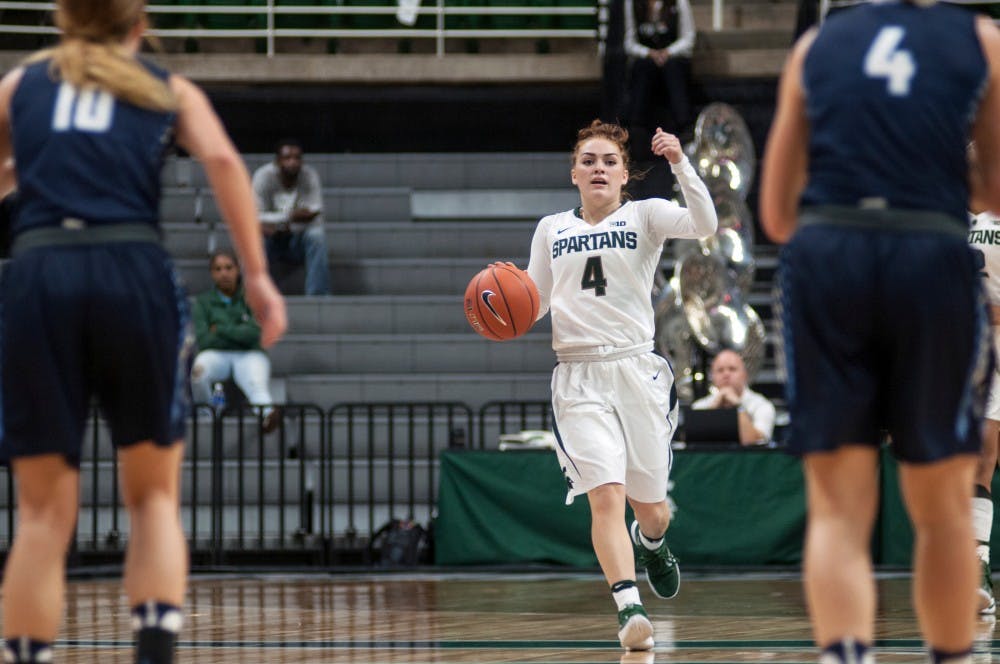 Freshman guard Taryn McCutcheon (4) brings the ball up the court during an exhibition game against Northwood University on Nov. 6, 2016 at the Breslin Center. The Spartans defeated the Timberwolves 82-47. 