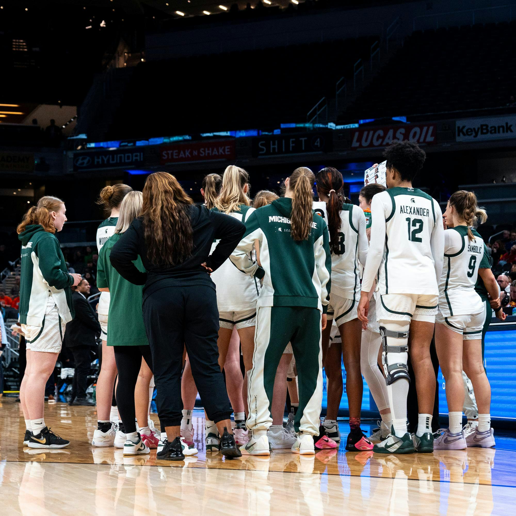 <p>The MSU Womens Basketball team huddles up during a timeout in the Gainbridge Fieldhouse in Indianapolis, IN on March 5, 2026.</p>