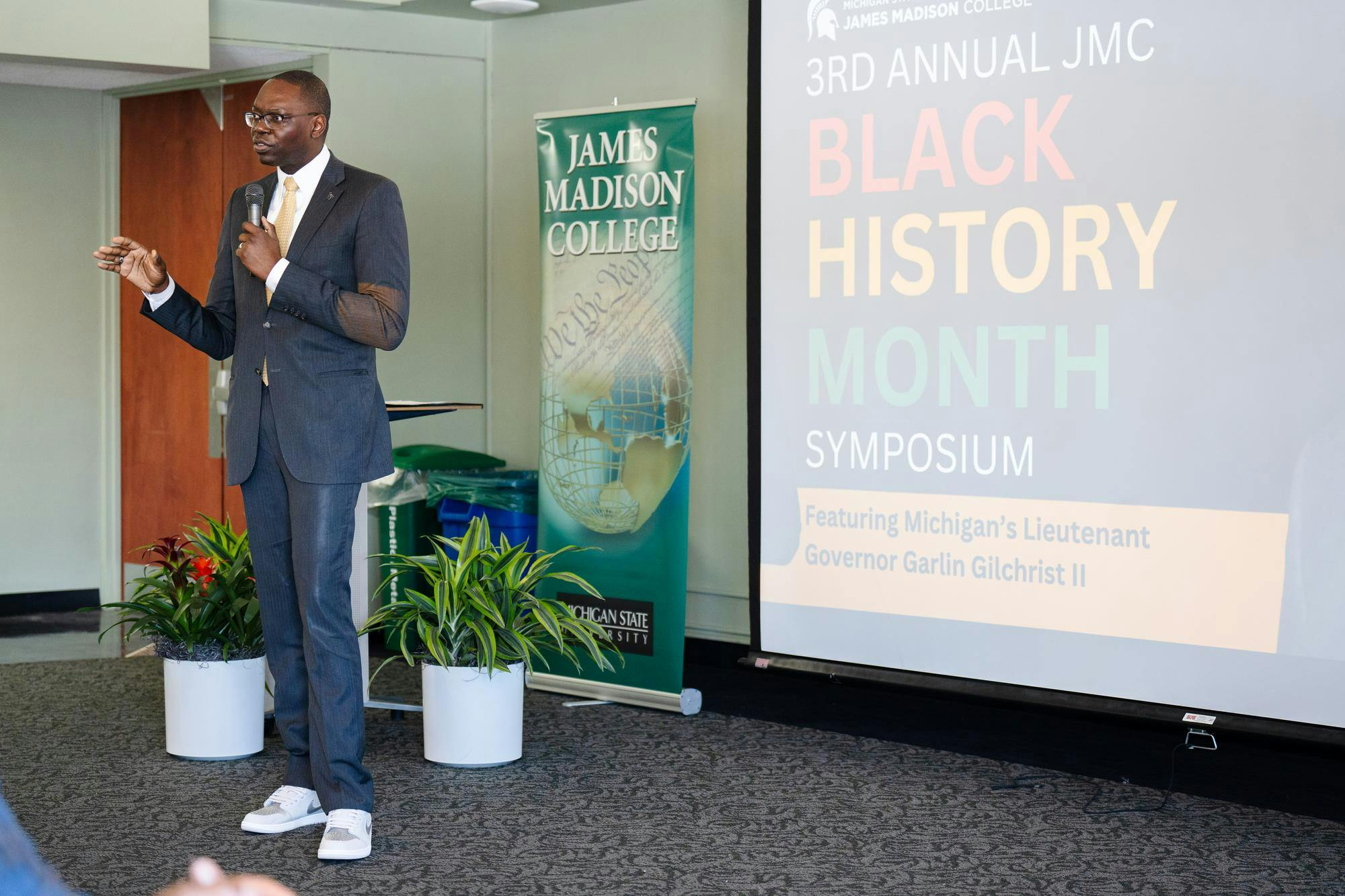 Lieutenant Governor Garlin Gilchrist II speaks at the JMC black history month symposium in Case Hall on Feb. 21, 2025. 