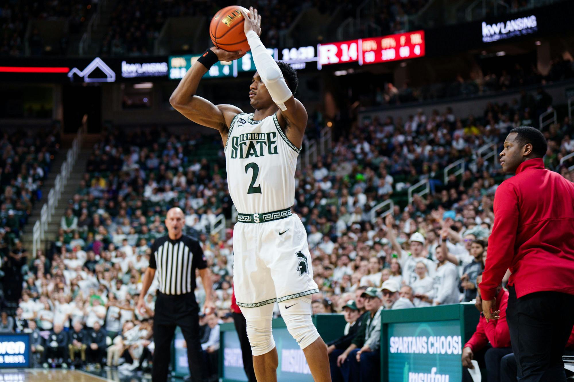 <p>Senior guard Tyson Walker (2) shoots a three point basket during a matchup against Rutgers, held at the Breslin Center on Jan. 19, 2023. The Spartans defeated the Scarlet Knights 70-57.</p>