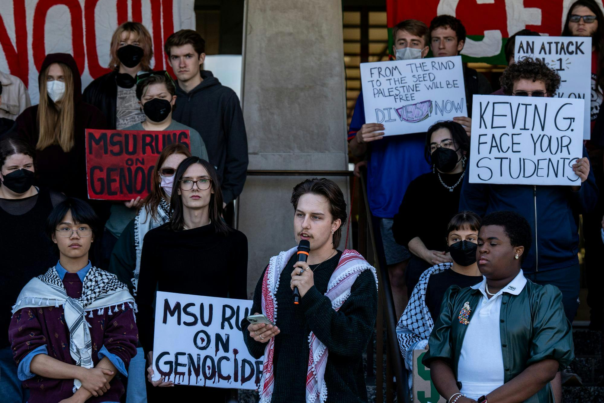 Eli Folts, 22, speaks at a press conference on the steps of MSU's Hannah Administration Building on Friday, Oct. 10, 2025. 