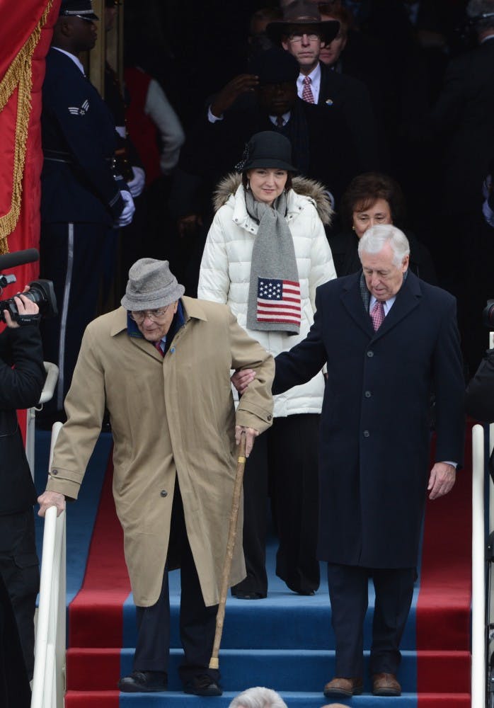 	<p>U.S. Rep. John Dingell, (D-MI) left, leads the House of Representatives in for President Barack Obama&#8217;s swearing-in for a second term as the President of the United States by Supreme Court Chief Justice John Roberts during his public inauguration ceremony at the U.S. Capitol Building in Washington, D.C. on January 21, 2013. (Pat Benic/UPI/MCT)</p>