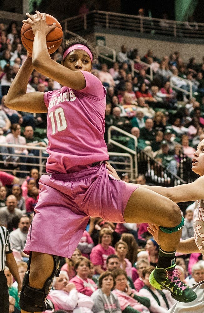 	<p>Redshirt freshman guard Branndais Agee grabs possession of the ball Feb. 15, 2014, during a game against Ohio State at Breslin Center. The Spartans defeated the Buckeyes, 70-49. Erin Hampton/The State News</p>