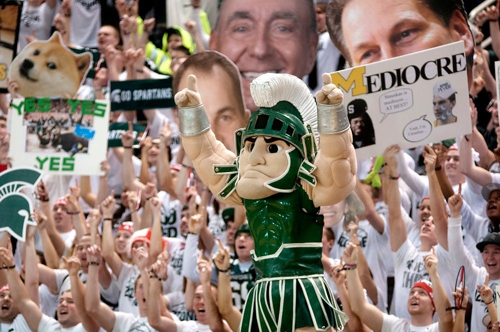 <p>Sparty leads fans in a "yes" chant on Jan. 25, 2014, at Breslin Center at ESPN's "College GameDay." The Spartans played the Michigan Wolverines that night.</p>