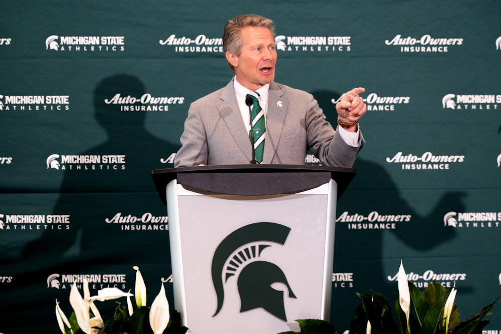 Michigan State University president Kevin Guskiewicz speaks during a ceremony welcoming the university's new vice president and athletic director J. Batt in East Lansing, Michigan on June 4, 2025.