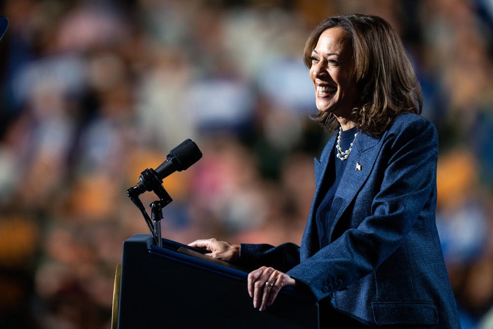 <p>Vice President Kamala Harris speaks at her presidential campaign rally on Michigan State University's campus in East Lansing, Michigan, on Nov. 3, 2024. Vice President Harris' rally at MSU demonstrates this election cycle's focus on young voters and battleground states like Michigan.</p>