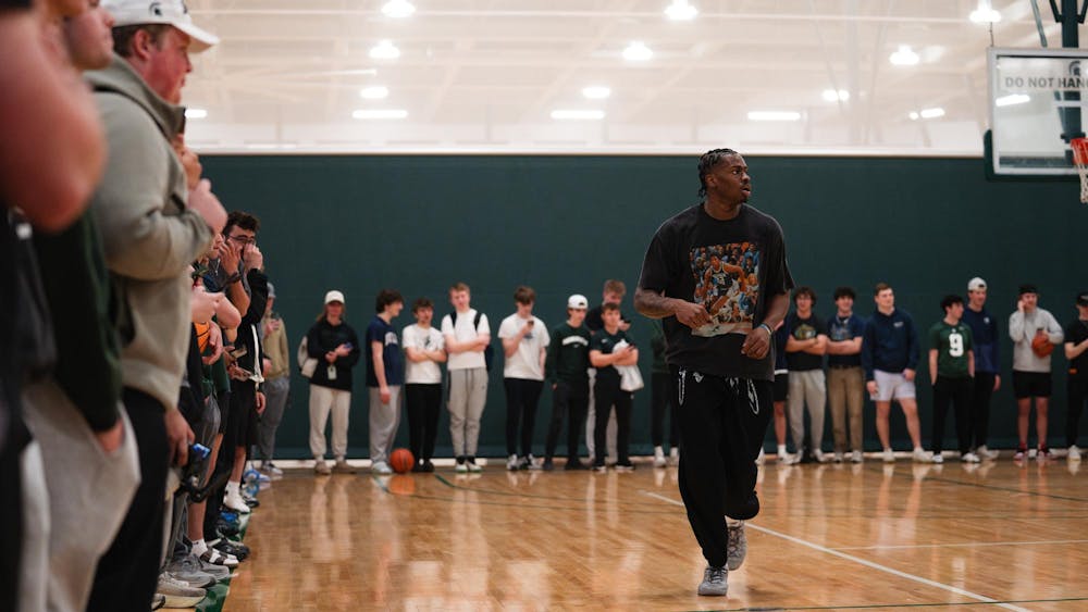 <p>Michigan State sophomore forward Coen Carr jogs down the court at IM East on April 16, 2025. The men's basketball team showed off their skills during pickup runs for students to enjoy.</p>