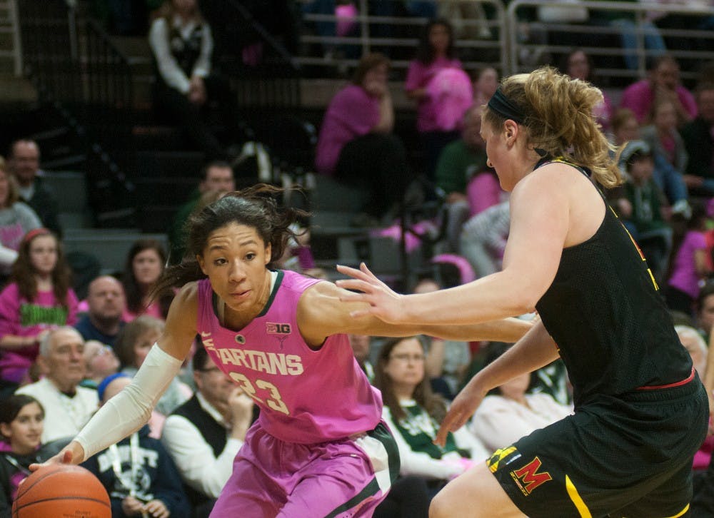 <p>Sophomore forward Aerial Powers dribbles the ball guarded by Maryland forward Tierney Pfirman Feb. 16, 2015, during the Play4Kay Breast Cancer Awareness game against Maryland at Breslin Center. The Spartans were defeated by the Terrapins, 75-69. Hannah Levy/The State News</p>