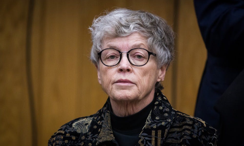 Former Michigan State President Lou Anna K. Simon during her arraignment at the Eaton County Courthouse on Nov. 26, 2018. She is being charged with four counts of lying to a Peace Officer about the Nassar Investigation.