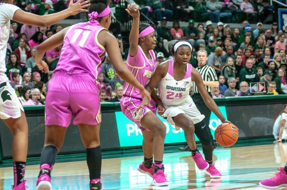 Freshman guard Nia Clouden (24) moves to shoot during the women’s basketball game against Purdue at Breslin Center on Feb. 3, 2019. The Spartans defeated the Boilmakers 74-66.