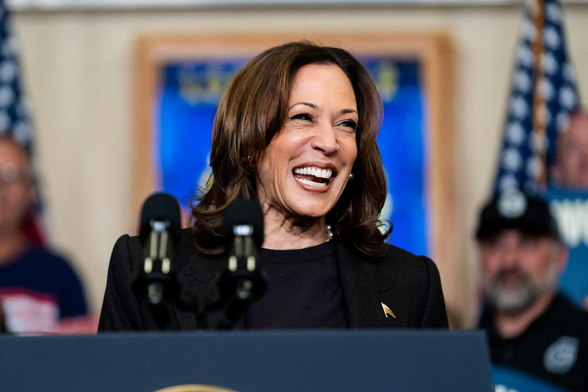 US Vice President Kamala Harris speaks to local union workers at the UAW Local 652 E.S. Patterson Hall in Lansing, MI on Oct. 18, 2024. 