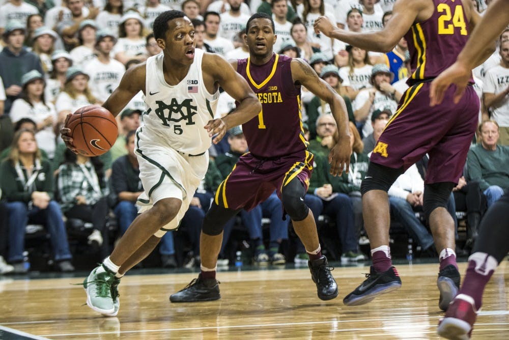 Freshman guard Cassius Winston (5) drives the ball towards the rim during the men's basketball game against Minnesota on Jan. 11, 2017 at Breslin Center. The Spartans defeated the Golden Gophers, 65-47.