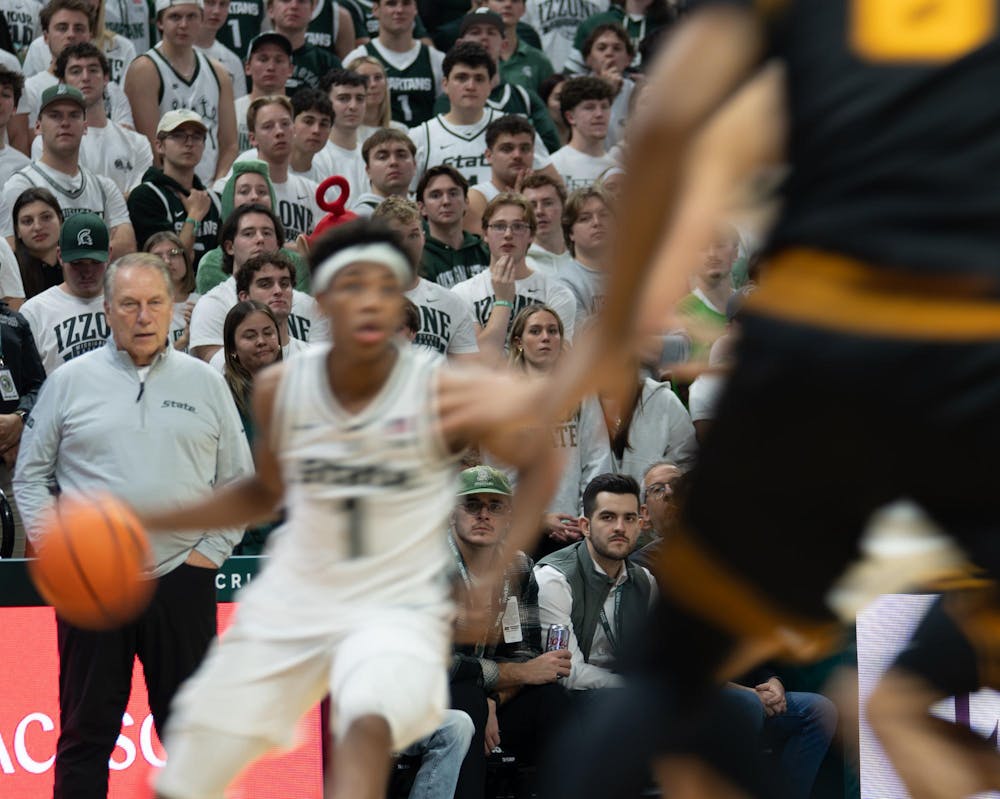 <p>Sophomore point guard Jeremy Fears Jr. (1) drives to the rim during the matchup against the University of Iowa at the Breslin Center on Dec. 2, 2025.</p>