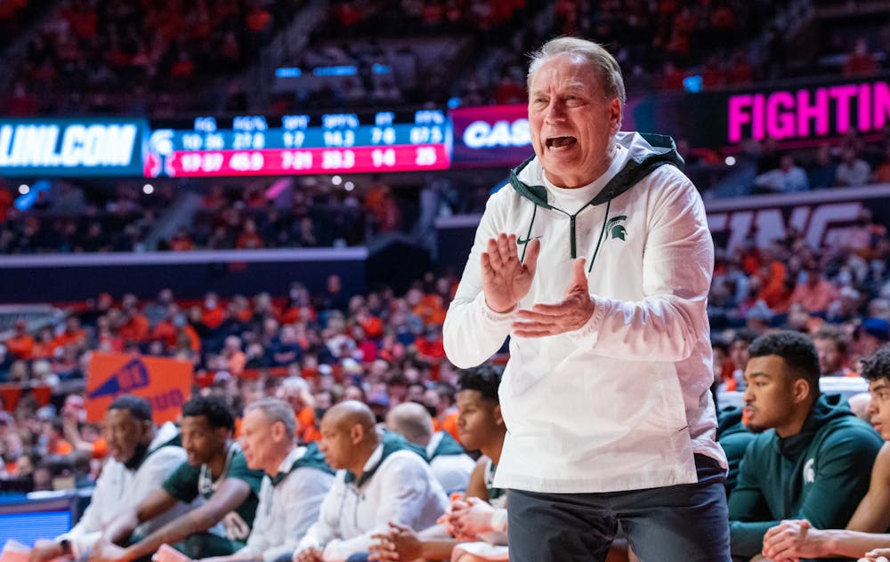 <p>Head Coach Tom Izzo yells at the team on the floor during the second half. The Spartans lost to the Fighting Illini in the final seconds, 56-55, at State Farm Center on Jan. 25, 2022. </p>