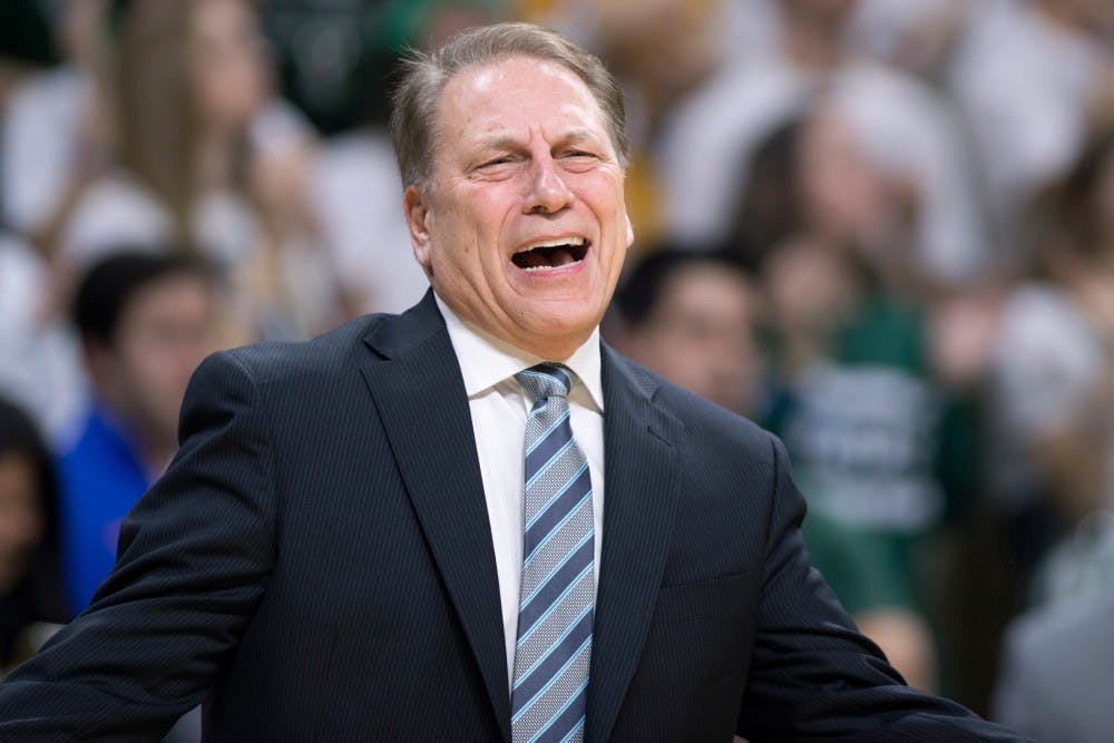 Head coach Tom Izzo reacts to a call on Dec. 12, 2015 during the game against Florida at Breslin Center. The Spartans defeated the Gators, 58-52.