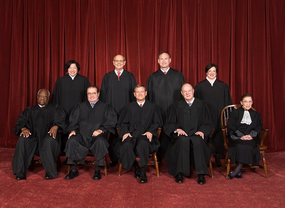 	<p>The justices of the U.S. Supreme Court. From left: Clarence Thomas, Sonia Sotomayor, Antonin Scalia, Stephen Breyer, Chief Justice John Roberts, Samuel Alito, Anthony Kennedy, Elena Kagan and Ruth Bader Ginsburg. (The Collection of the Supreme Court of the United States/MCT)</p>