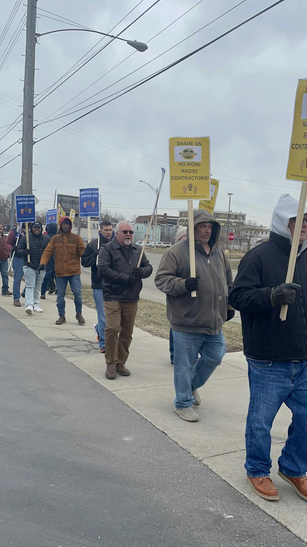 <p>Protesters on March 22, 2022, outside of United Electric, rally against the alleged racial discrimination at the company. </p>