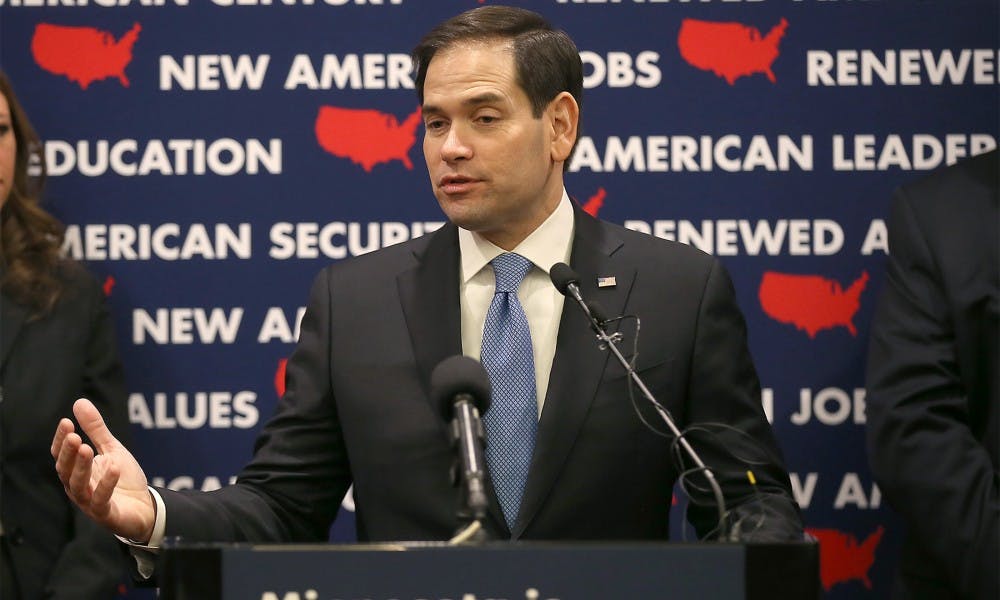 GOP presidential candidate Marco Rubio, who made a brief stop in Minneapolis for a fundraiser at the Minneapolis Club, announces a &quot;Minnesota Leadership Team,&quot; during a press conference on Tuesday, Jan. 19, 2016 in Minneapolis. (Elizabeth Flores/Minneapolis Star Tribune/TNS) 