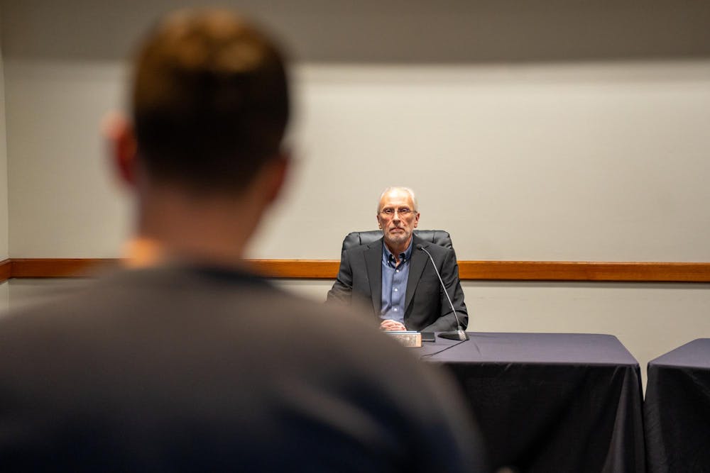 <p>An East Lansing resident addresses the mayor during a City Council meeting at the Hannah Community Center in East Lansing, Michigan, on March 17, 2025.</p>