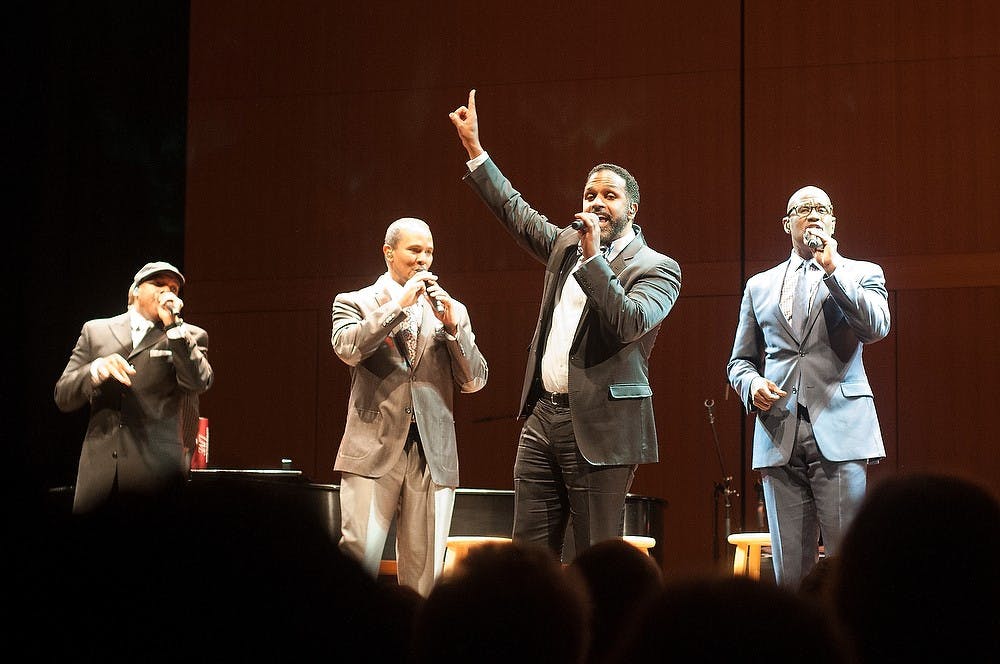 <p>Alvin Chea of Take 6 sings the lead Jan. 18, 2015, during a performance at Fairchild Auditorium. The award winning vocal group performed Sunday night as a part of MSU's Martin Luther King Day celebration. Kennedy Thatch/The State News</p>