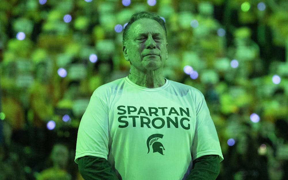 <p>Head Coach Tom Izzo gets emotional while Michigan’s band plays the MSU Shadows to honor the university and the three Spartans lost during the mass shooting on Feb. 13, 2023. The rivalry matchup was MSU’s first game back, the Wolverines ultimately beat the Spartans, 84-72.</p>
