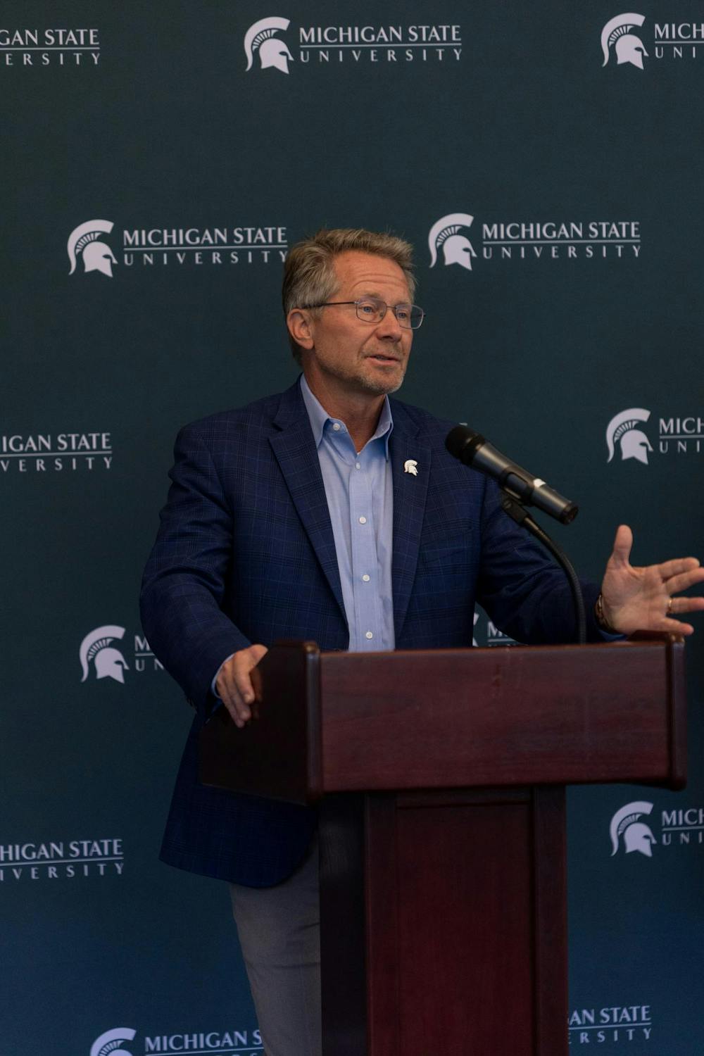 <p>Michigan State president Kevin Guskiewicz answers a question regarding the campuswide power outages during a news conference at the Henry Center for Executive Development in East Lansing, Mich., on Monday, September 21, 2026.</p>