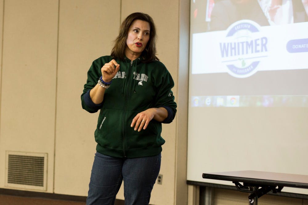 Gubernatorial candidate Gretchen Whitmer speaks to the audience during the MSU College Democrats meeting on Feb. 27, 2017 at Wilson Hall. "Michigan should be leading the world of water management," Whitmer said when asked about the Flint water crisis.