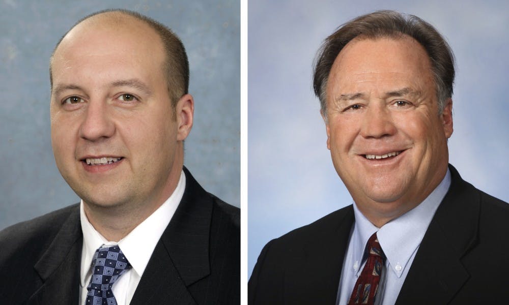 <p>Sen. Curtis Hertel Jr. (D-East Lansing), left, and Rep. Tom Cochran (D-Mason)</p>