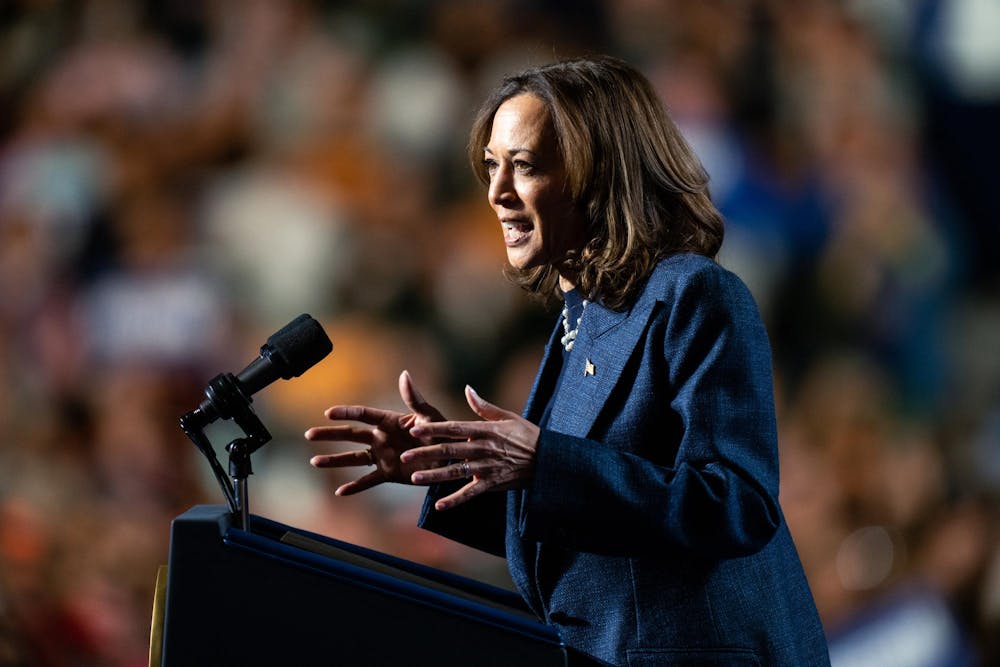 <p>Vice President Kamala Harris speaks at her presidential campaign rally on Michigan State University's campus in East Lansing, Michigan, on Nov. 3, 2024. Vice President Harris' rally at MSU demonstrates this election cycle's focus on young voters and battleground states like Michigan.</p>