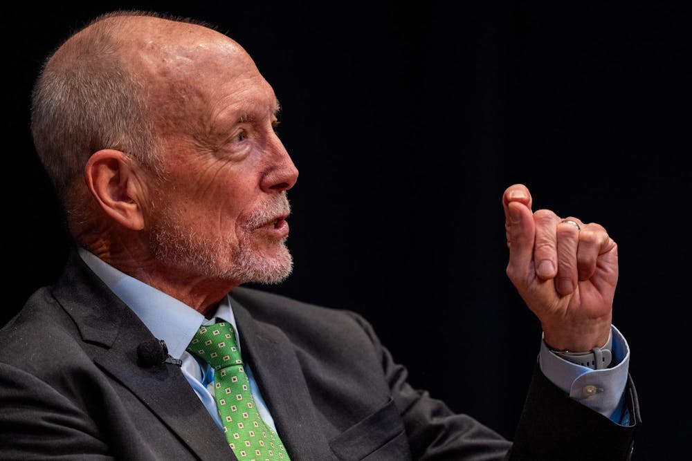 Ted Mitchell, president of the American Council on Education and former U.S. under secretary of education during the first Presidential Speaker Series, a panel discussion is held at the Wharton Center for Performing Arts on Michigan State University’s campus in East Lansing, Mich., on Tuesday, March 17, 2026.