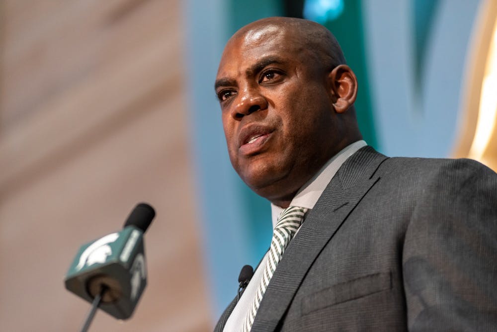 New head football coach Mel Tucker speaks at his introductory press conference at the Breslin Student Events Center on February 12, 2020.