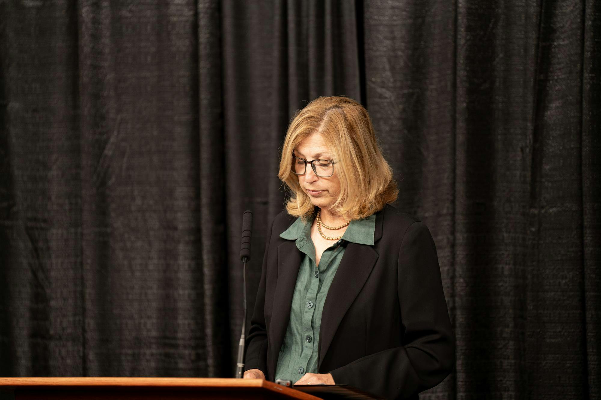 Michigan State Interim Vice President Teresa Woodruff speaking to the press regarding Football Head Coach Mel Tucker's suspension on September 10, 2023 at Spartan Stadium.